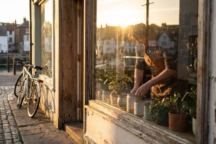 A person arranging plants in a shop window at golden hour, bicycle leaning against the storefront