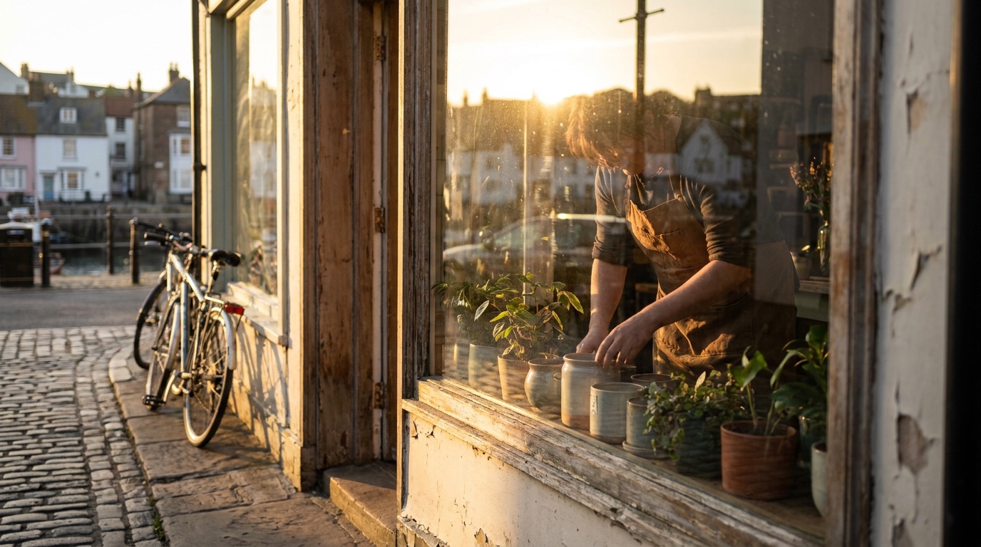 A person arranging plants in a shop window at golden hour, bicycle leaning against the storefront