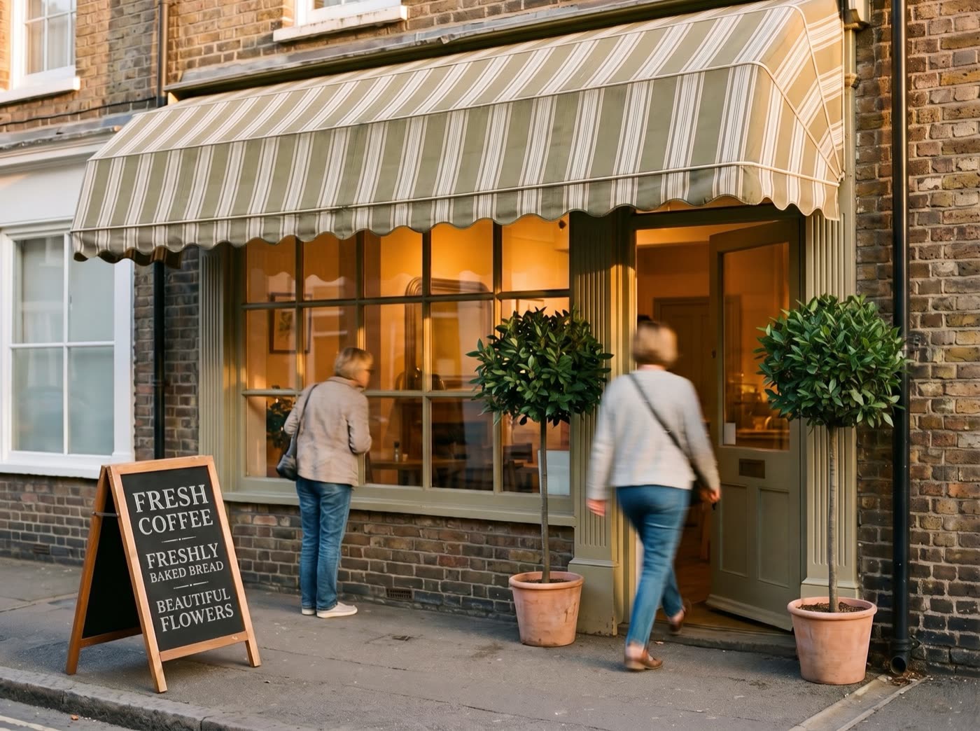 The same shopfront open at golden hour, warm light spilling out, a chalk board reading fresh coffee, freshly baked bread, beautiful flowers, and people stopping to look in